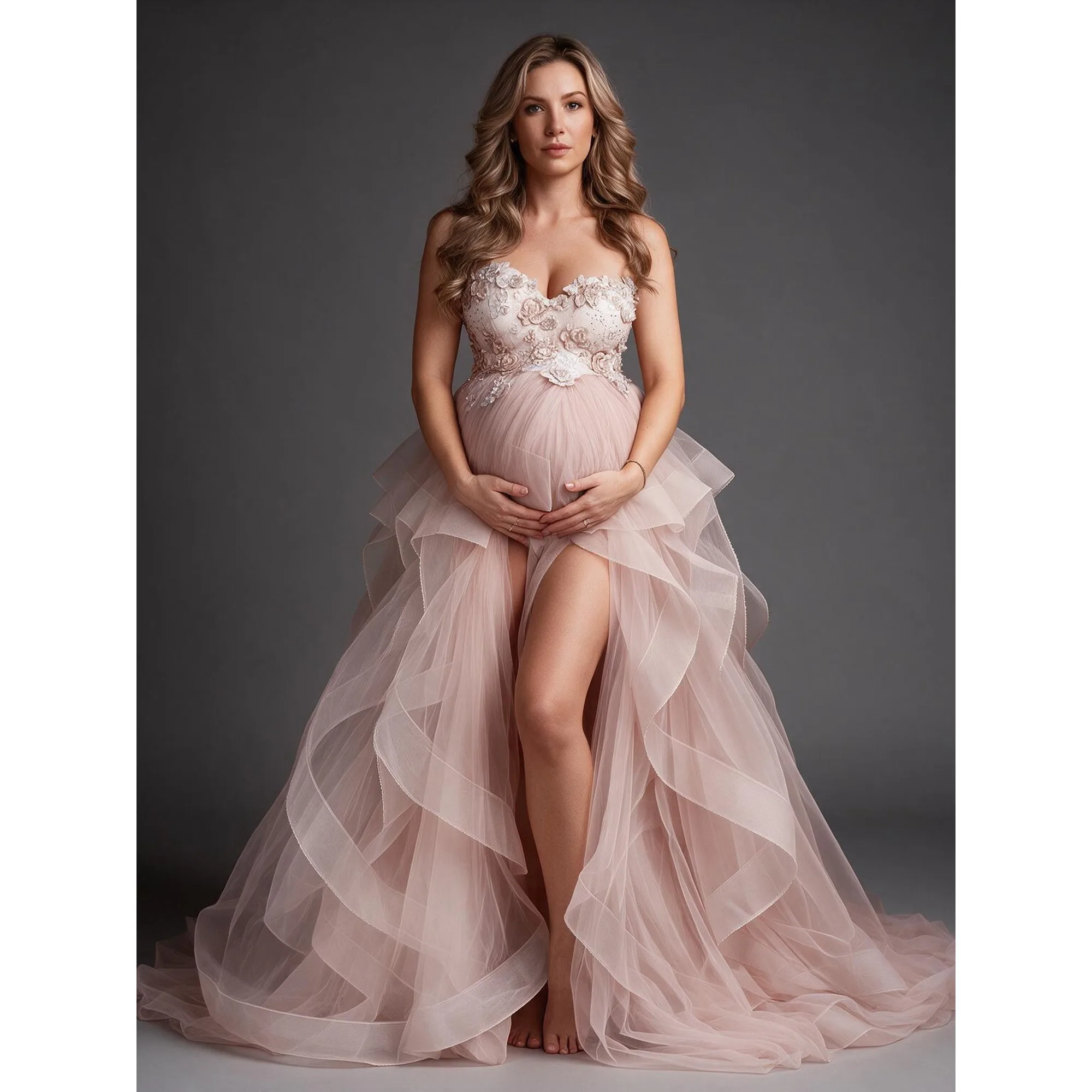 Blush Pink Tulle Maternity Photography Dress 3D Floral Appliques Pregnancy Gown Tiered Ruffle Maternity Photoshoot Maxi Dress