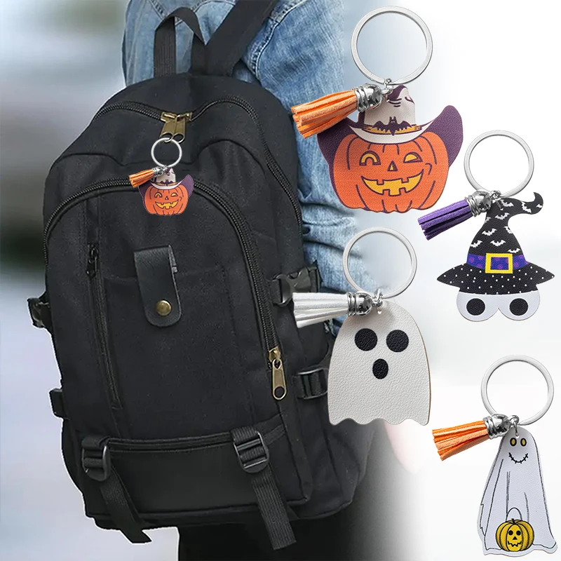 Halloween PU Leather Keychain, Bat, Pumpkin Head, Witch Tassel Pendant, Fun And Spooky Bag Accessories, Halloween Themed Charms