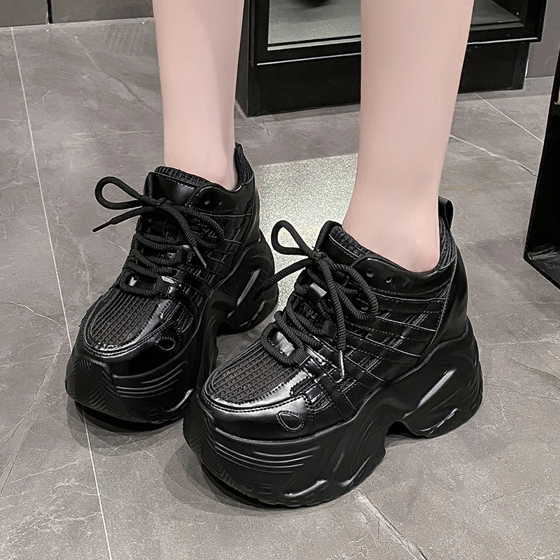 2024 Spring Autumn Chunky Sneakers Women Bling Platform Sports Shoes Woman Goth Thick Bottom High Heels Female Leather Sneakers