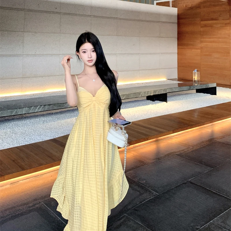 Gidyq สีเหลืองลายสก๊อตวันหยุดชุดผู้หญิงเซ็กซี่ชายหาด Backless Camis ฤดูร้อน Chic ไม่สม่ําเสมอสปาเก็ตตี้ Vestidos ใหม่