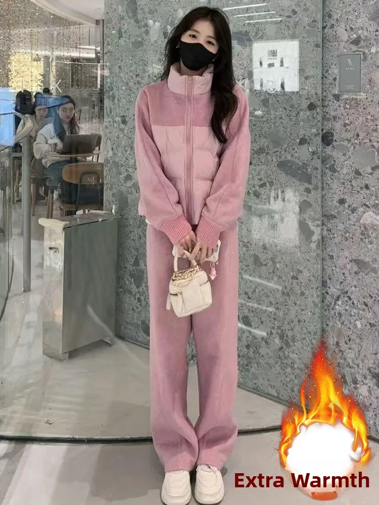 Faionable Warmth Conjunto de invierno para mujer Jaet de algodón Traje informal de dos piezas Pantalones largos Cierre de cremallera Ajuste cómodo