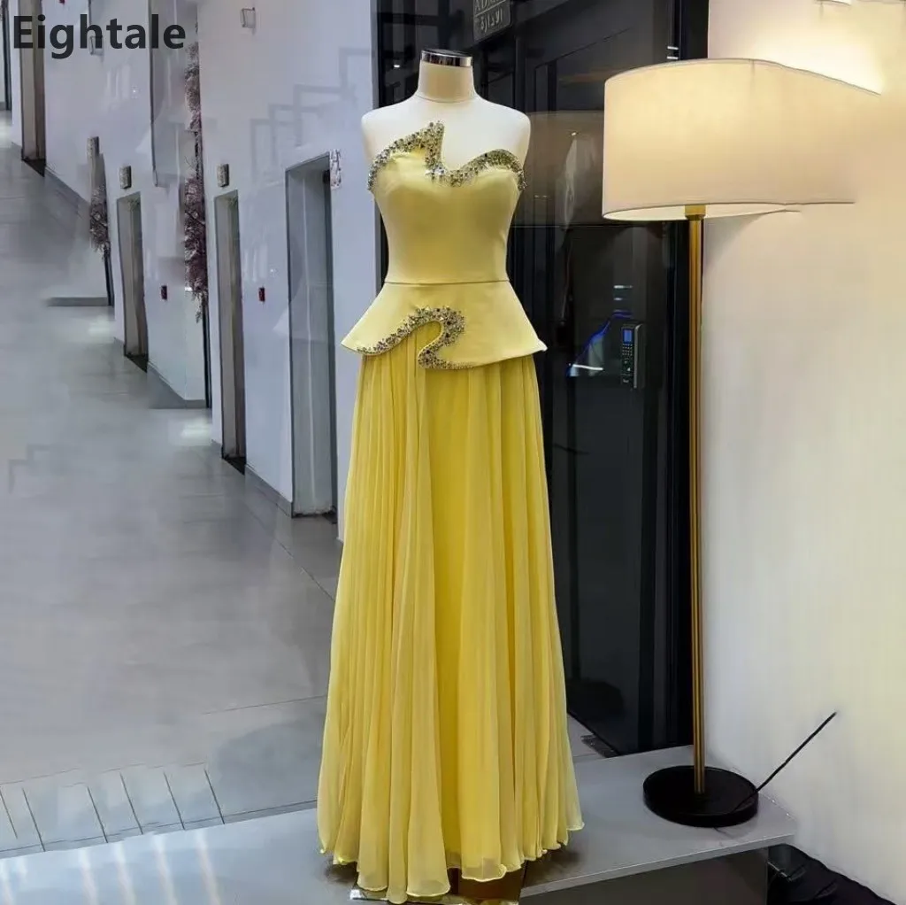 

Eightale 2025 Yellow A Line Beaded Strapless Maxi Evening Dress Saudi Wedding Prom Dress Dubai Party Gown Customized
