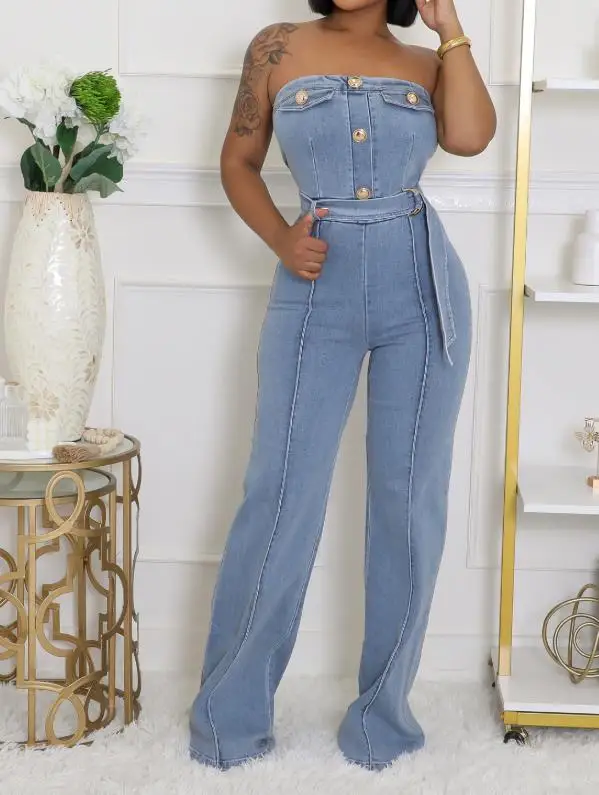 

Strapless Tight Waist Slim Fit Elastic Wash Denim Jumpsuit Jumpsuit Wide Leg Pants