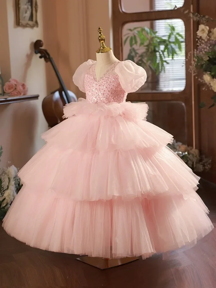 

GUXQD Pink Ball Gown Baby Flower Girl Dresses Tulle Pearls Children Prom Birthday Party Gowns Formal Occasion