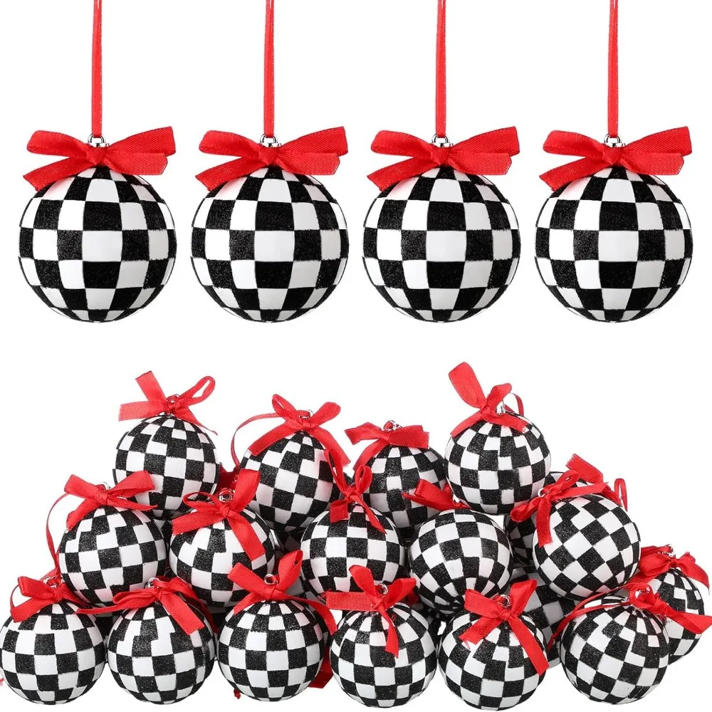 

12pcs Black&white Lattice Christmas Ball with Bow 6cm Xmas Tree Balls Painted Glitter Christmas Baubles Decorations New Year