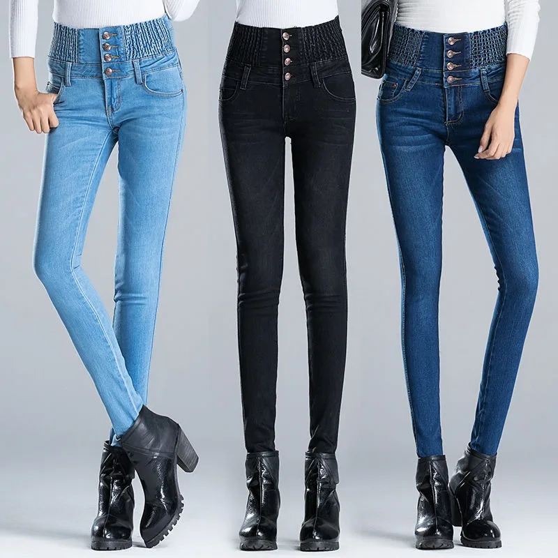 Neue Streetwear super hohe Taille dünne Jeans hose große Größe Knopf fliegen Frauen Stretch Jeans Bleistift Vaqueros Leggings Pantalones