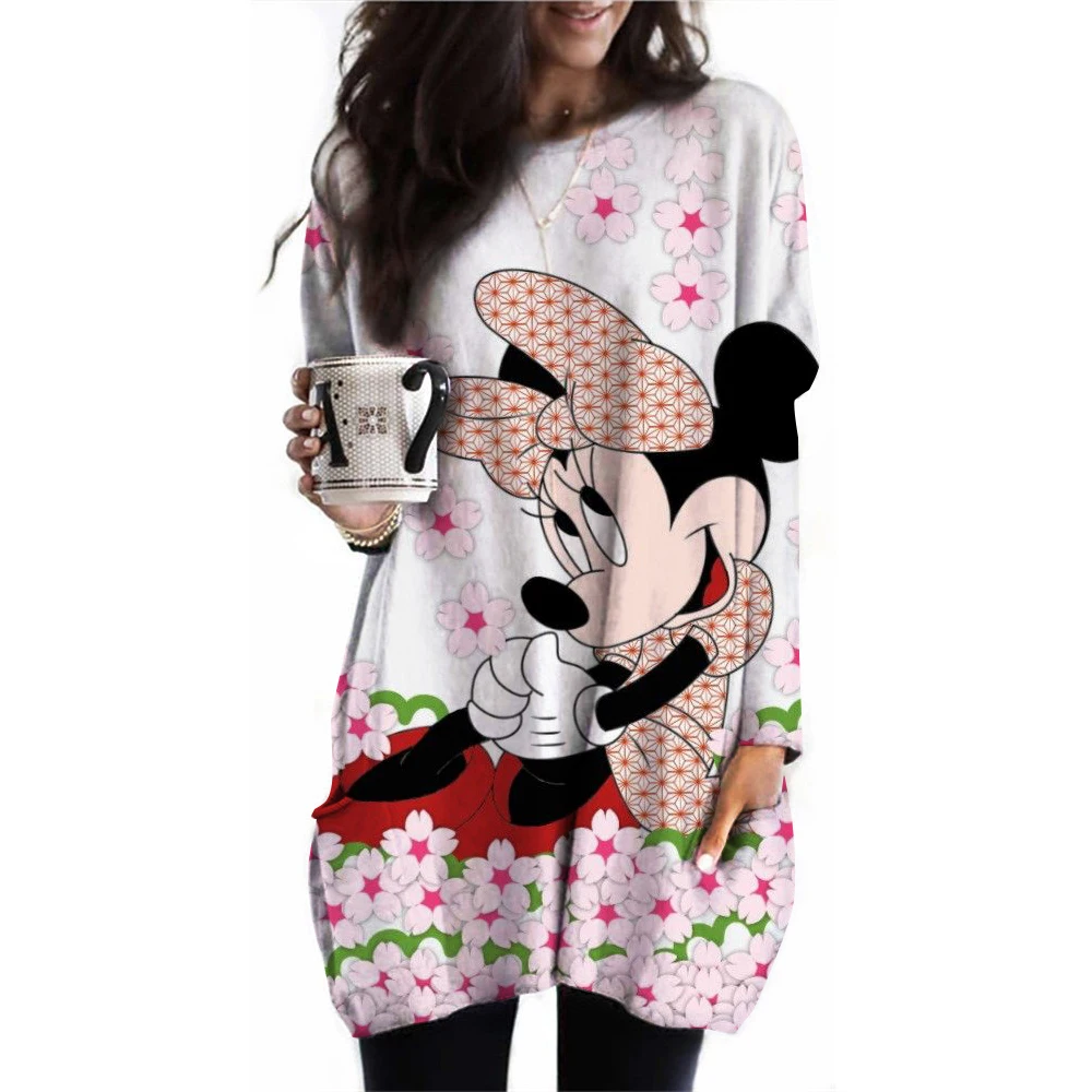 New Large Women's Long Sleeve Pocket Round Neck Waist Top T-shirt Disney Mickey Mouse Loose Casual Fashion Loose Women's Shirt