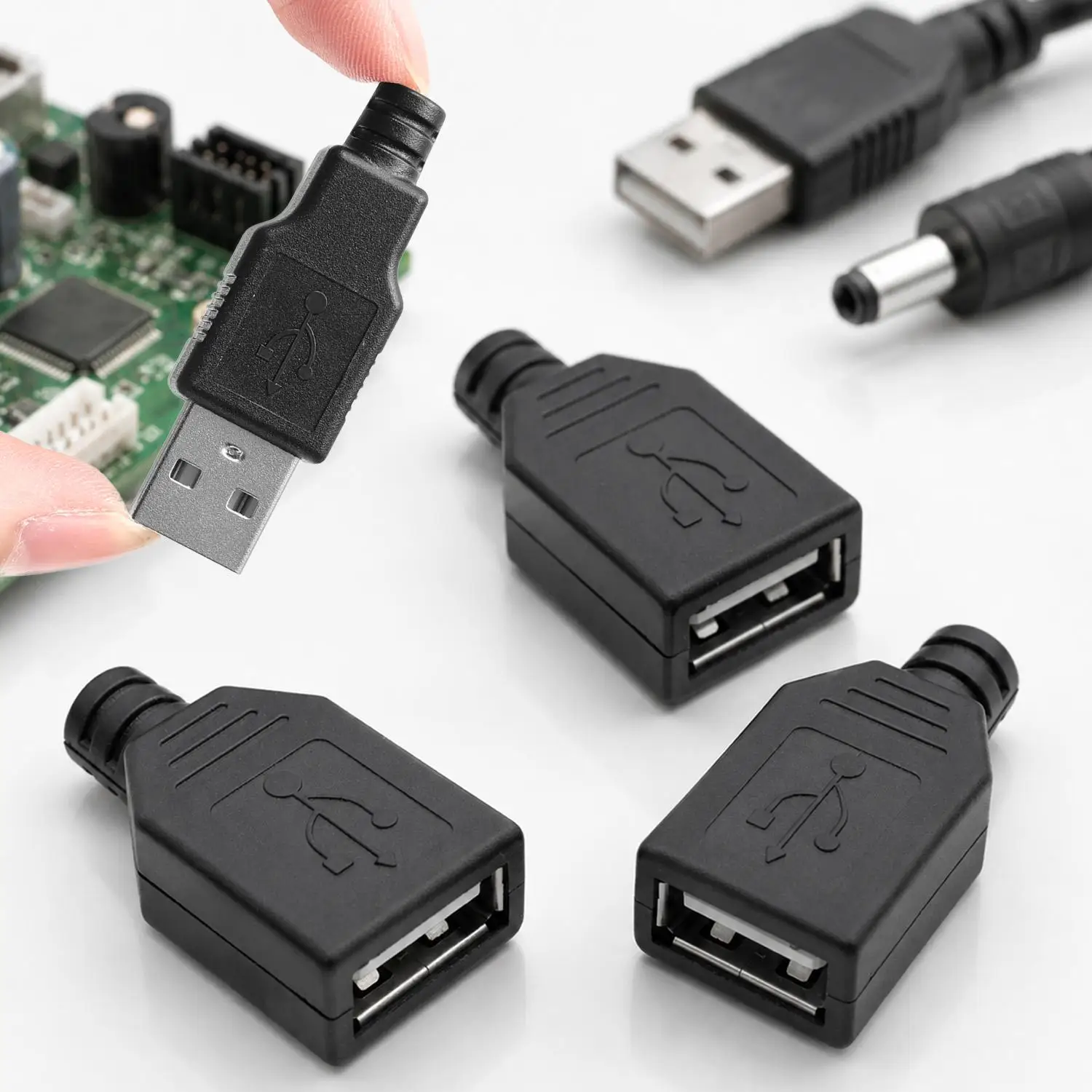 10/20 Sets Type A Male/ Female USB 4 Pin Plug Socket Connector With Black Plastic Cover Adapter Connect USB 2.0 DIY Kit