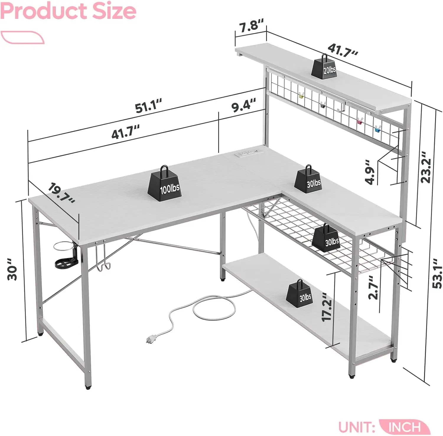 51 L Shaped Gaming Desk with Power Outlets, LED Workstation with 4 Tiers Shelves for Home Office,White