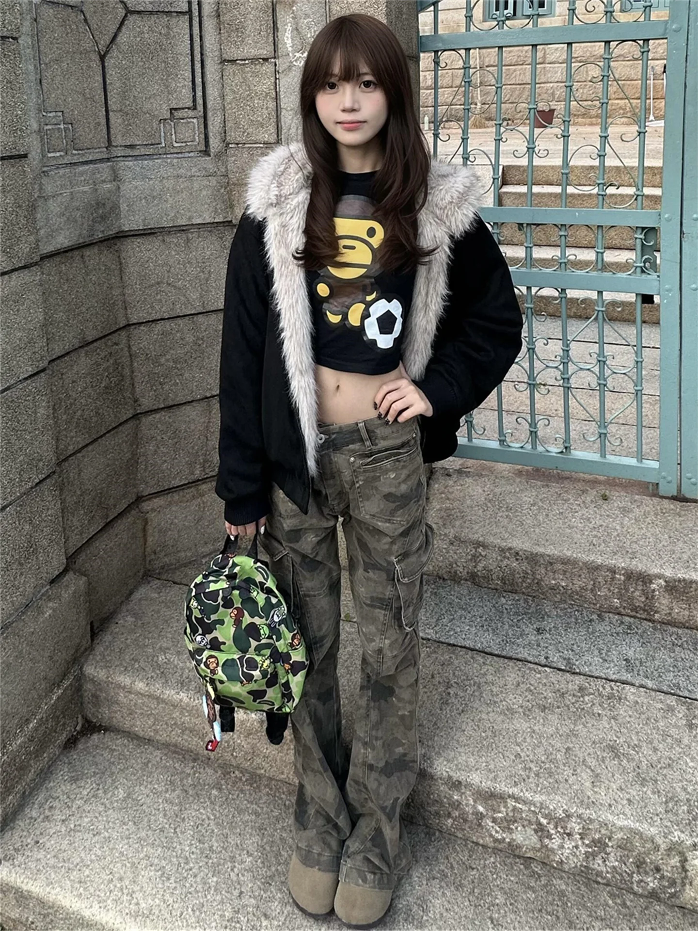 

Street Style American Camouflage Slim Fit Low Waist Jeans Women's Spring Multiple Pockets Workwear Denim Pants Trousers