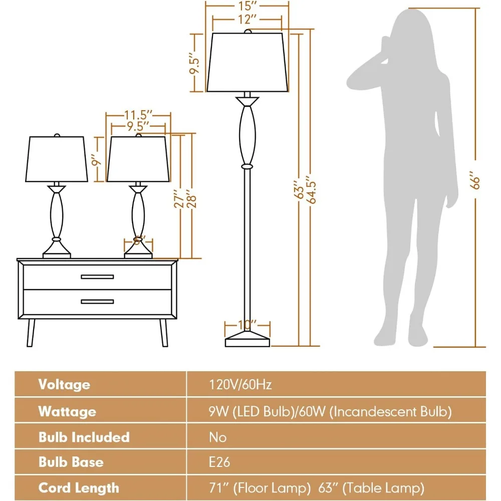 Conjunto de 3 lâmpadas, 2 candeeiros de mesa e 1 luminária de chão, conjunto de lâmpadas modernas de 3 peças, base ponderada e abajur com proteção para os olhos