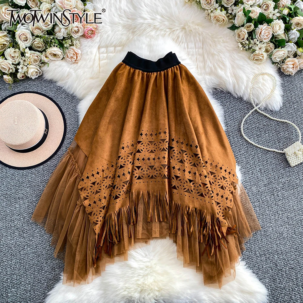 TWOTWINSTYLE Casual Vintage Slimming Skirts For Women High Waist Autumn Design Sense Hollow Out Skirt Female Fashion KSK555567