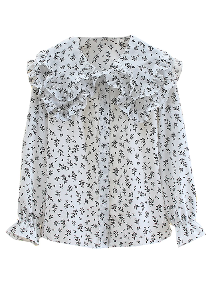 Chiffon Floral Shirt Women's Spring Autumn Unique Single Breasted Loose Jacket French Style Elegant Peter Pan Collar Top