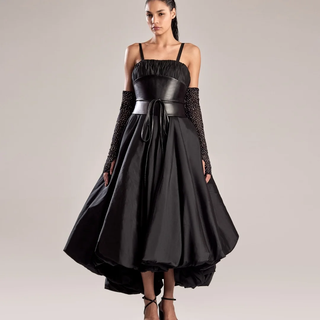 

Customized Exquisite Jersey A-Line Spaghetti Straps Crystal and Belt Evening Dresses Strapless Black Special Occasion Gowns