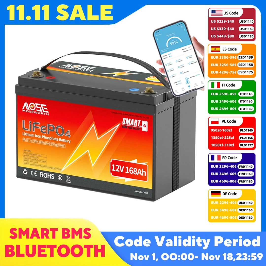 Lifepo4 Battery 12V 100Ah - 12V 168Ah Bluetooth LiFePO4 Battery Rechargeabel