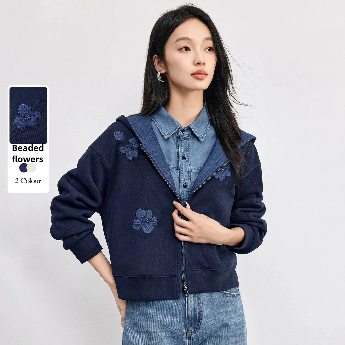 

SENTUBILA Women's Hooded Knit Jacket Autumn 2025 New Beaded Floral Detail Zipper Front Fashion Casual Female Outwear 53WC2565