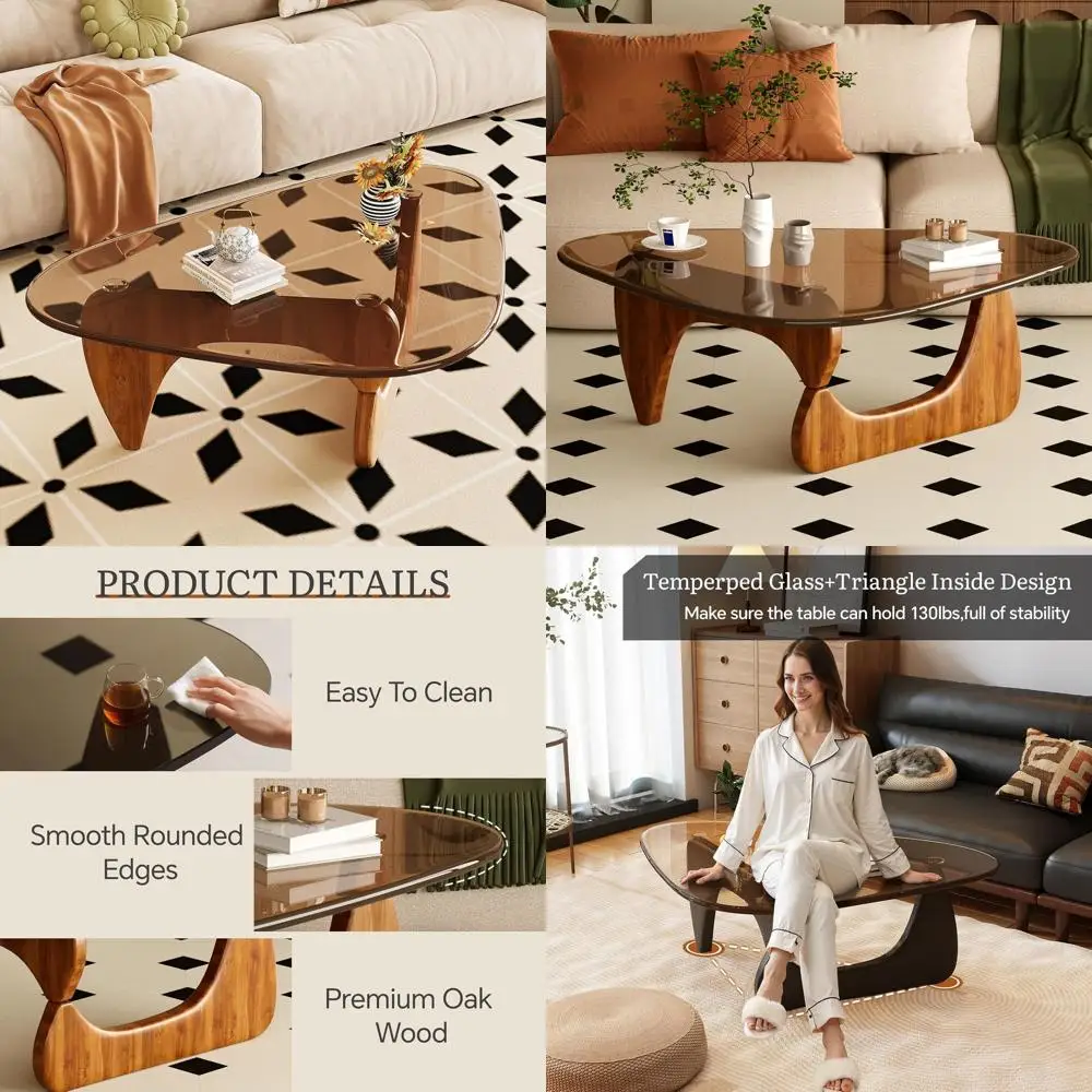 Mid-Century Modern Living Room Coffee Table - Glass Top, Brown Walnut Wood Centerpiece