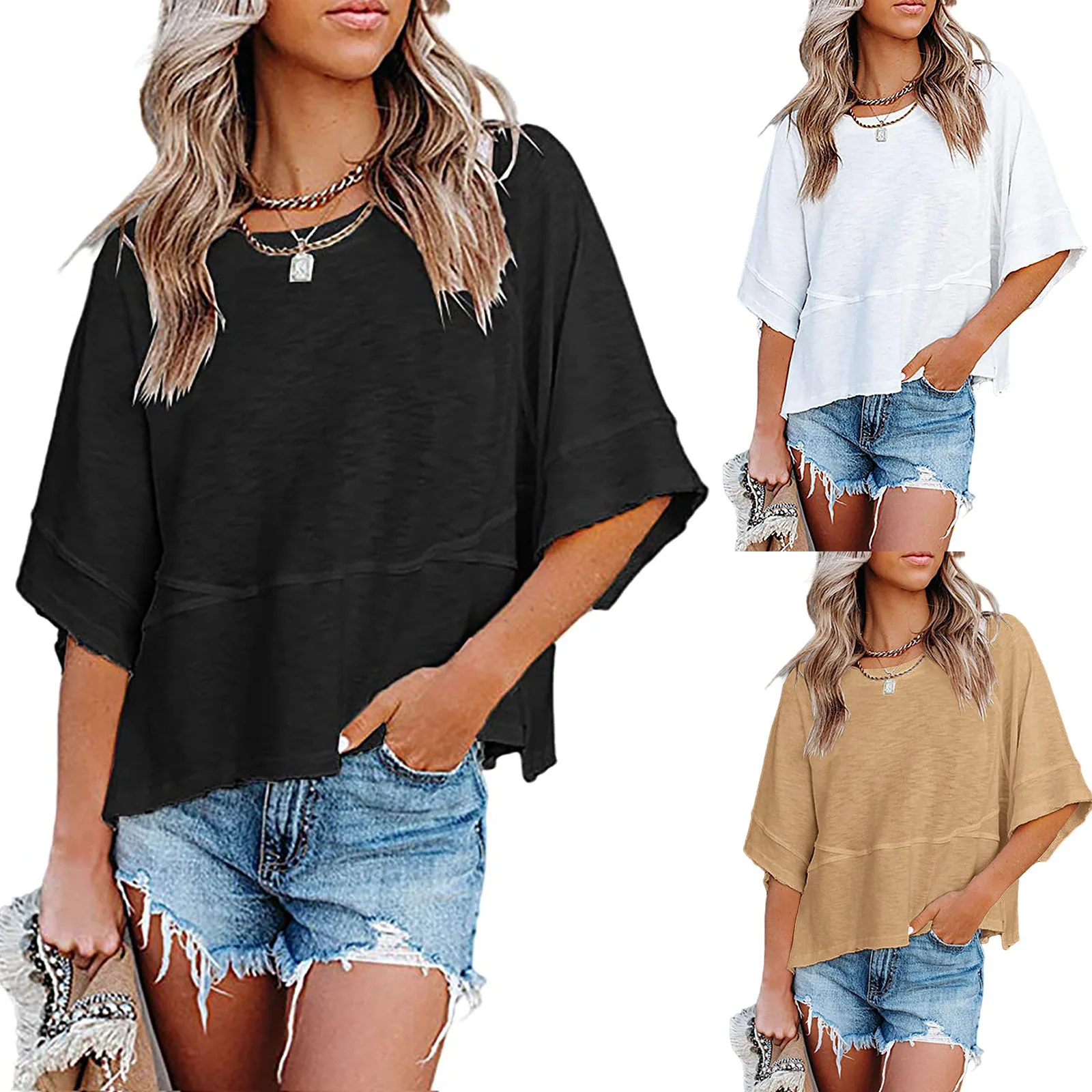 Loose Fit Bell Sleeve T-Shirt round Neck Spliced  Color Summer New Style Women's Casual Cotton Top Eighteen to Twenty Fo...