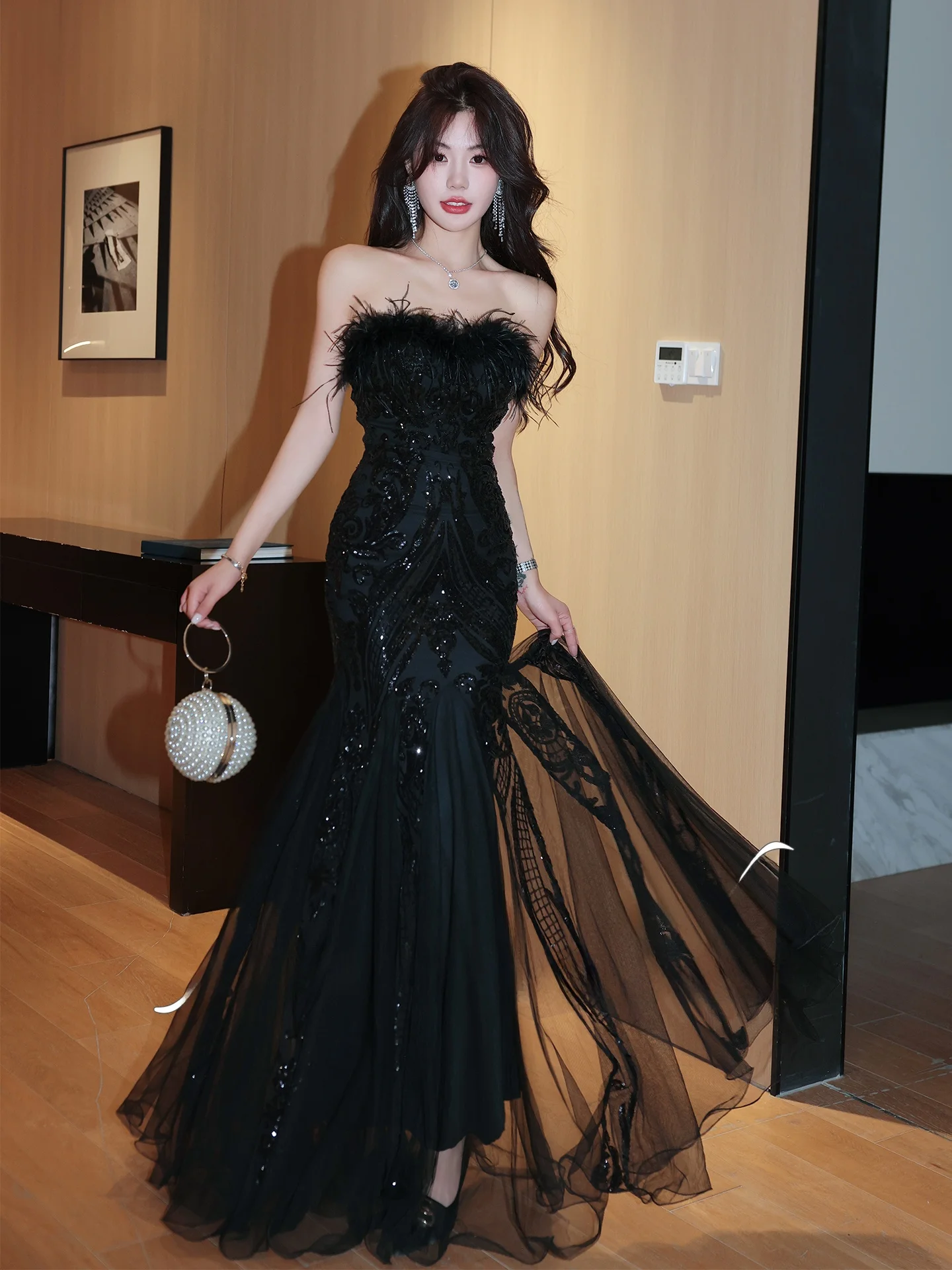 

Aospheric Ostrich Feather Bustier Long Dr Sparkling Birthday Dr Host Adult Ceremony Dr Faionable No-Sve Gown