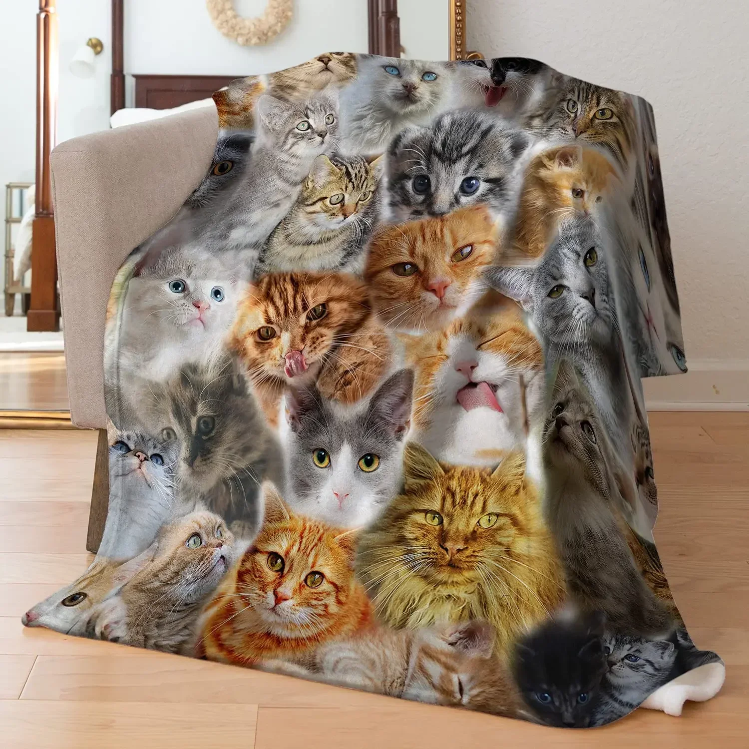 Cute Kitten Print Plush Throw Blanket Soft Cozy Fleece Warm Bedspread Shawl for Bed Sofa Home Decor