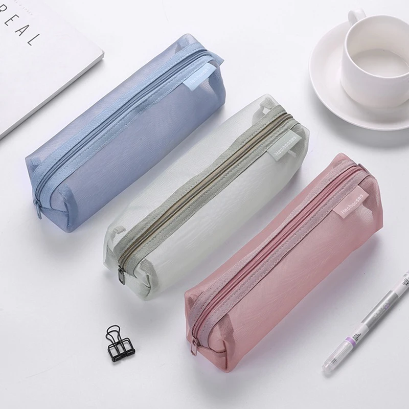 Translucent Simple Mesh Pen Bag Student Exam Stationery Bag Large Capacity Portable Stationery Storage Bag Study Supplies