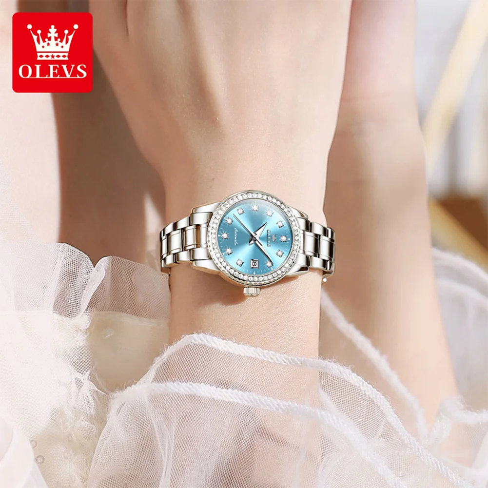 OLEVS 7003 Mechanical Women's Dress Watch Luxury Diamond Dial Calendar Waterproof Luminous Ladies Bracelet Wristwatch Elegant