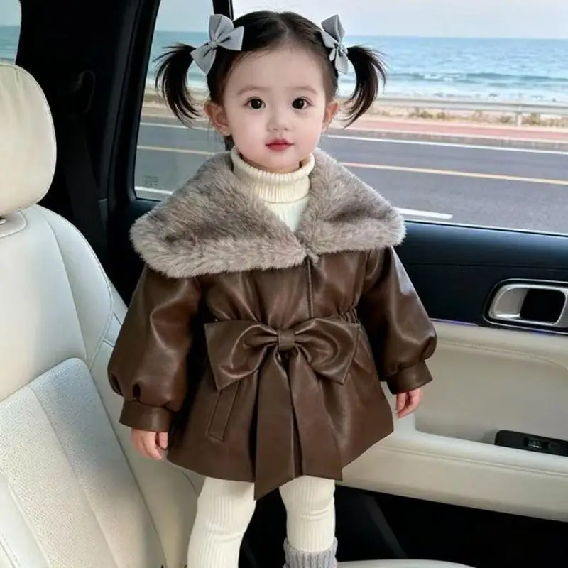 

2026 New Girls' Leather Jacket Children's Autumn and Winter Cold Proof and Warm PU Fashionable Jacket