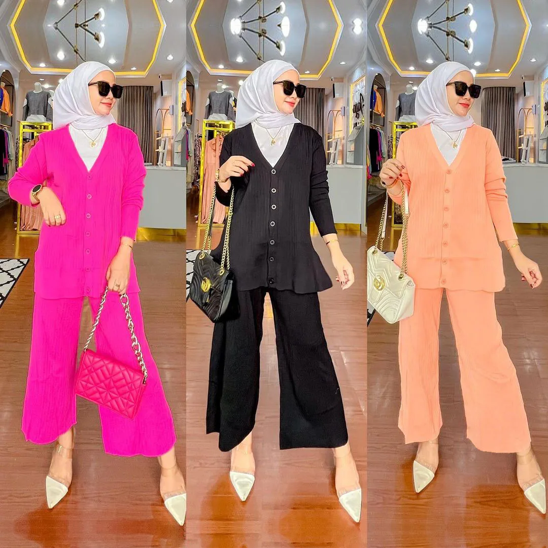 Muslim Women Clothing Suits Autumn Spring Knitted Cardigan Sweater+Wide-leg Pants 2pcs Islamic Fashion Sets Modest Abaya Outfits