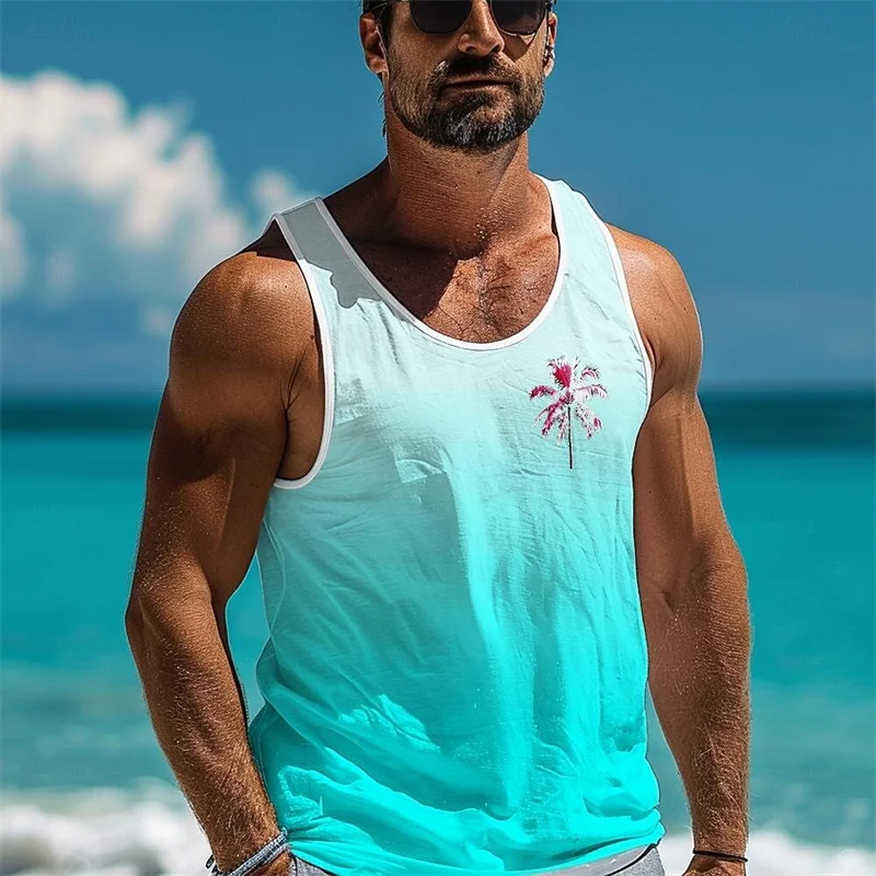 

Men's Coconut Tree Logo Funny Gradient 3D Print Sleeveless Tank Top Sport Casual Loose Breathable Vest T-shirt