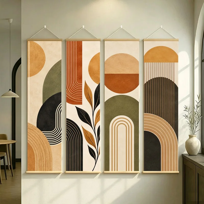 Wall Art Black and Gold Arches Sun and Fine Lines, Art Deco Geometric Pearlescent Canvas Hanging Scroll for Hotel Lobby