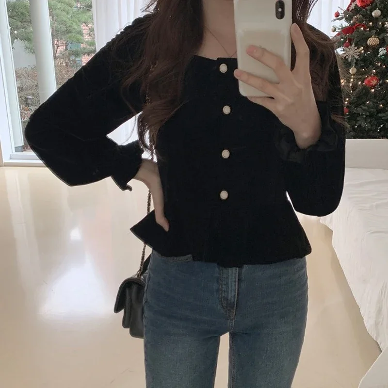 Black Shirts Women Vintage Puff Sleeve Square Collar French Tops Camisa All-match Streetwear Ulzzang Stylish Camisas De Mujer