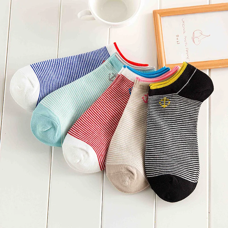 5 Pairs Women's Socks Pack Spring Summer Stripe Simple Cute Verstaile Fashion Shallow Mouth Ankle Socks Comfortable Cotton Socks
