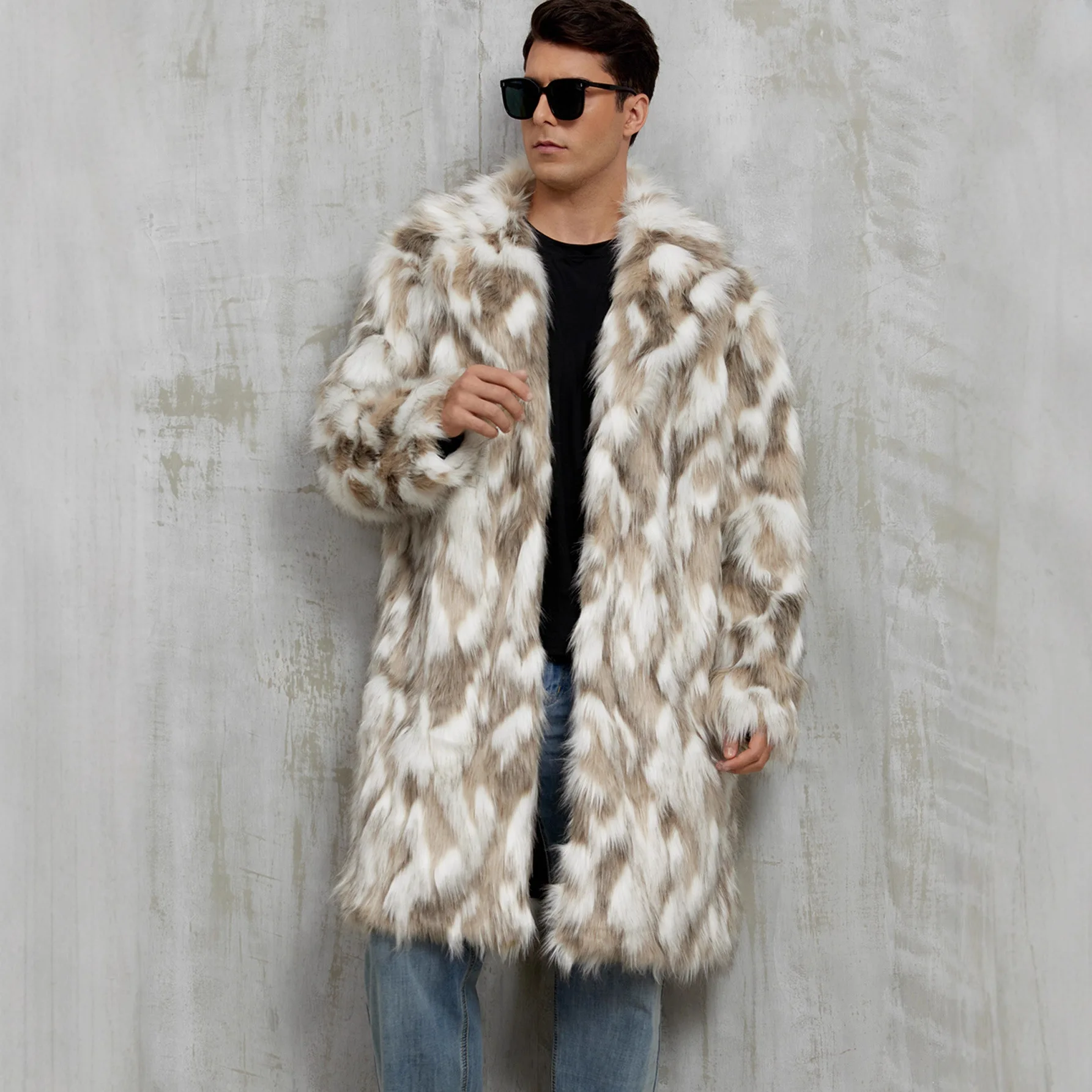 New autumn and winter contrasting color men's suit collar faux fur long warm coat coat