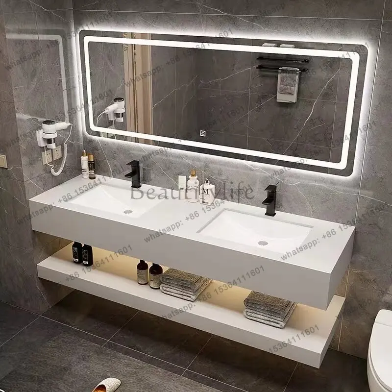 Hotel Style Double Sink Bathroom Vanity with Grey Sintered Stone Top and Smart LED Mirror Cabinet for Public Restroom furniture