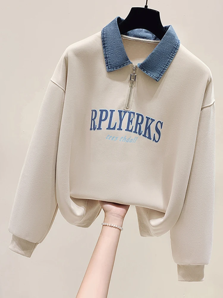 Denim Splicing POLO Collar Pullover Print Sweatshirt Zipper Fall Winter Long Sleeved Top Fake Two-piece Streetwear Style Casual