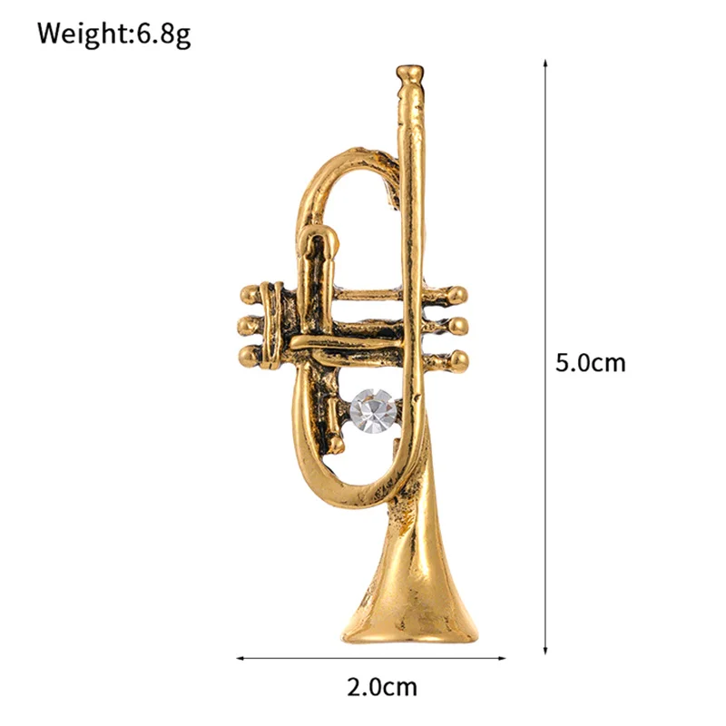 Retro flute and trumpet brooch versatile alloy with diamonds, retro musical instrument corsage, shirt and coat accessories