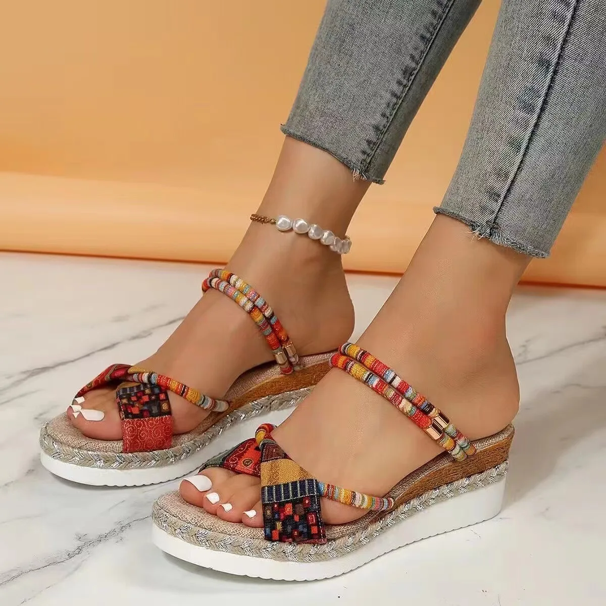 

Round Toe Women Slippers Platform Sandalias De Mujer Verano Wedges Mid Heels Ethnic Zapatos Para Colorful Huaraches Cloth Fabric