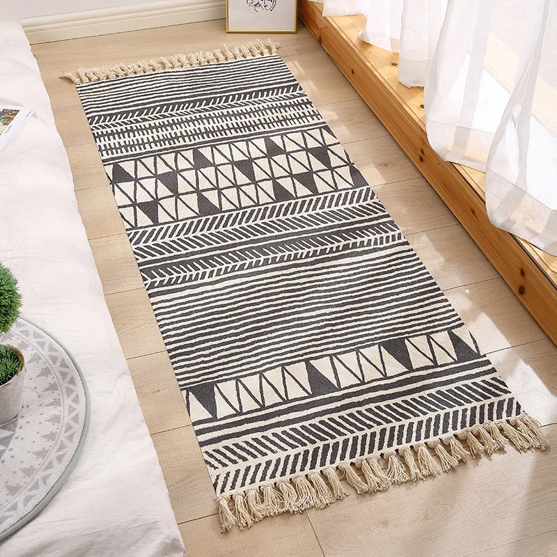 Retro Bohemian Hand Woven Cotton Linen Carpet Tassel Rug Geometric Floor Mat Bedroom Tapestry Home Decorative Blanket Area Rug