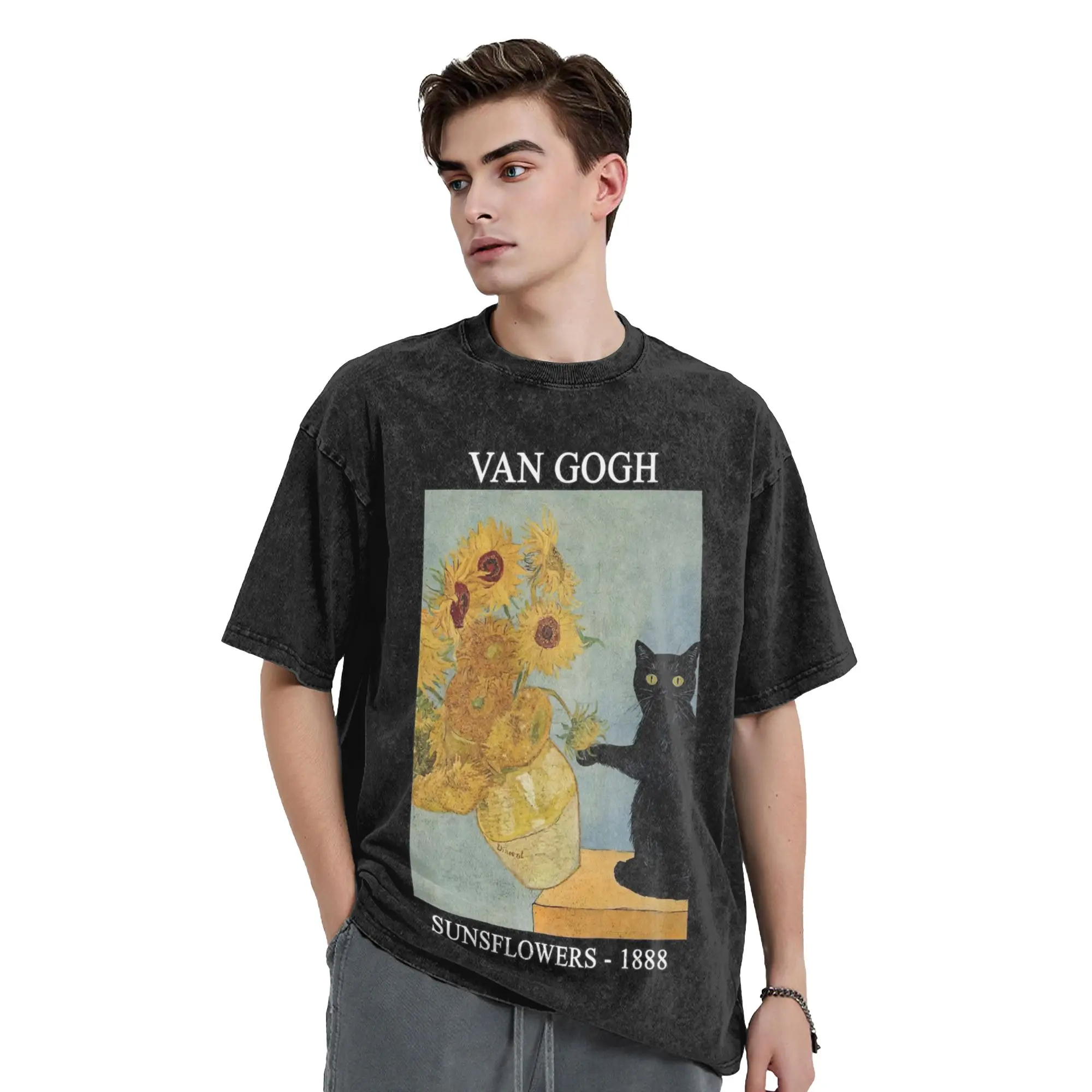 Cat Van Gogh Sunflowers Meme T Shirt Hip Hop Washed High Street T-Shirt  Novelty Men Women Tops Streetwear Printed Tees