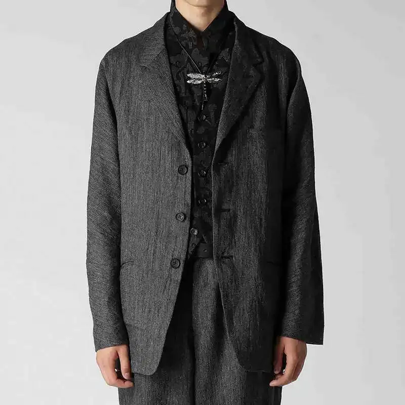 

YOJI OOAK original design linen suit jacket windbreaker long sleeved single breasted top solid color jacket for men
