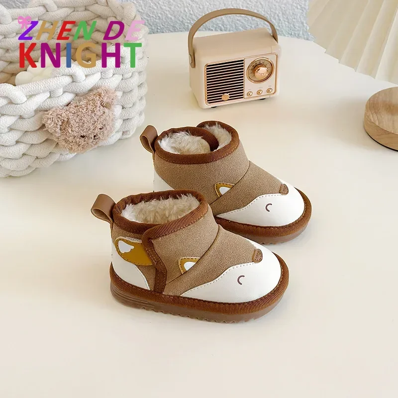 

Зимняя толстая теплая хлопковая обувь, Нескользящие зимние сапоги из искусственной кожи для маленьких девочек, теплая обувь, детские плюшевые сапоги для малышей для детей