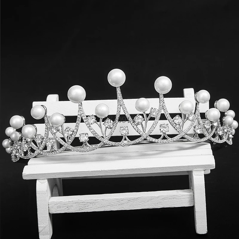 * Tiara de perlas para chicas estacionadas, accesorios para el cabello de novia para boda, Tiaras y coronas de Reina, adorno para tarta, joyería, regalo de cumpleaños