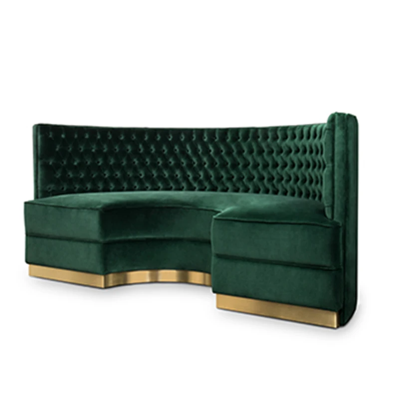 #Restaurant Booth Seating Green Round Sofa Button Tufted Inner Back Luxury Velvet Leather Fabric Stainless Steel