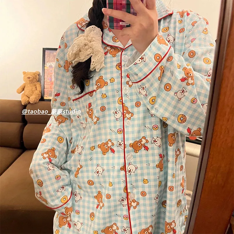 Kawaii Cute Rilakkuma Pajamas Long Sleeved Pants Sweet Cartoon Loose Comfortable Ins Cute Girl Birthday Gift for Girlfriend