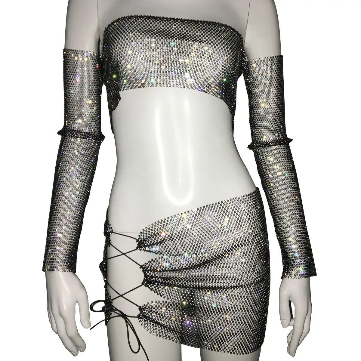 مجموعة بيكيني علوية وتنورة مثيرة شفافة من See-tough Me مع تفاصيل ماسية للنساء ملابس كاجوال صيفية #2