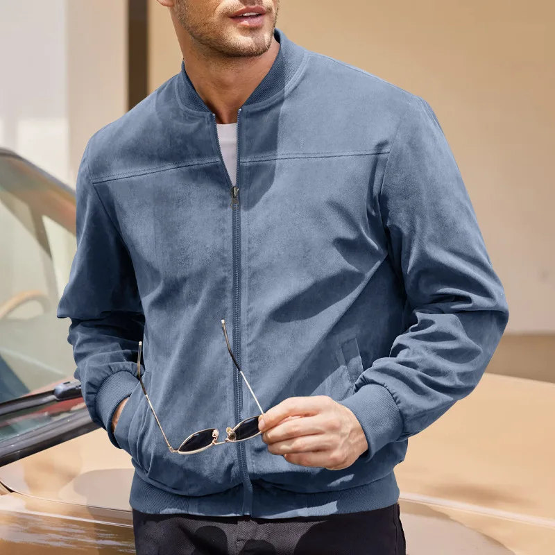 

New men's fashionable solid color zipper jacket, casual retro long sleeved cardigan, autumn and winter fashionable street top