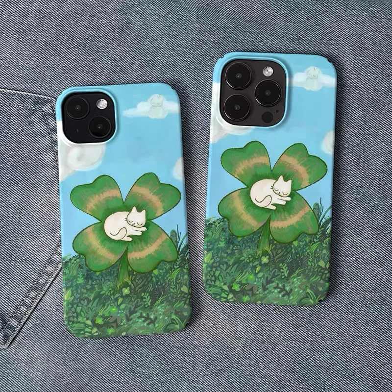 

Ins Korean Green Lucky Grass Cat Case for IPHONE 17 16 ProMax 15 14 Plus 13 12 MINI 11 PRO 16Plus XR XS MAX Acrylic Phone Cover