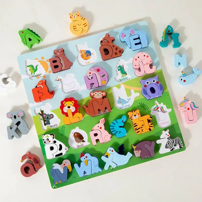 Letter Animals Puzzles Letter Game Matching Puzzle Wooden Alphabet Jigsaw Puzzle For Kids Boys Girls