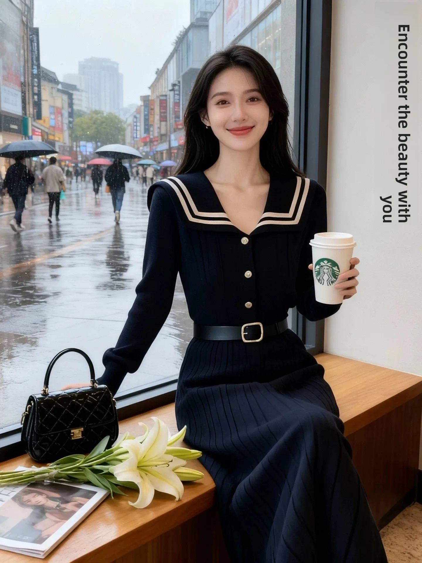 

Naval Sle Knitted Dr Women's Autumn Winter New Slimming Waist High-End Long Dr Ele Ladylike Faion plus Size