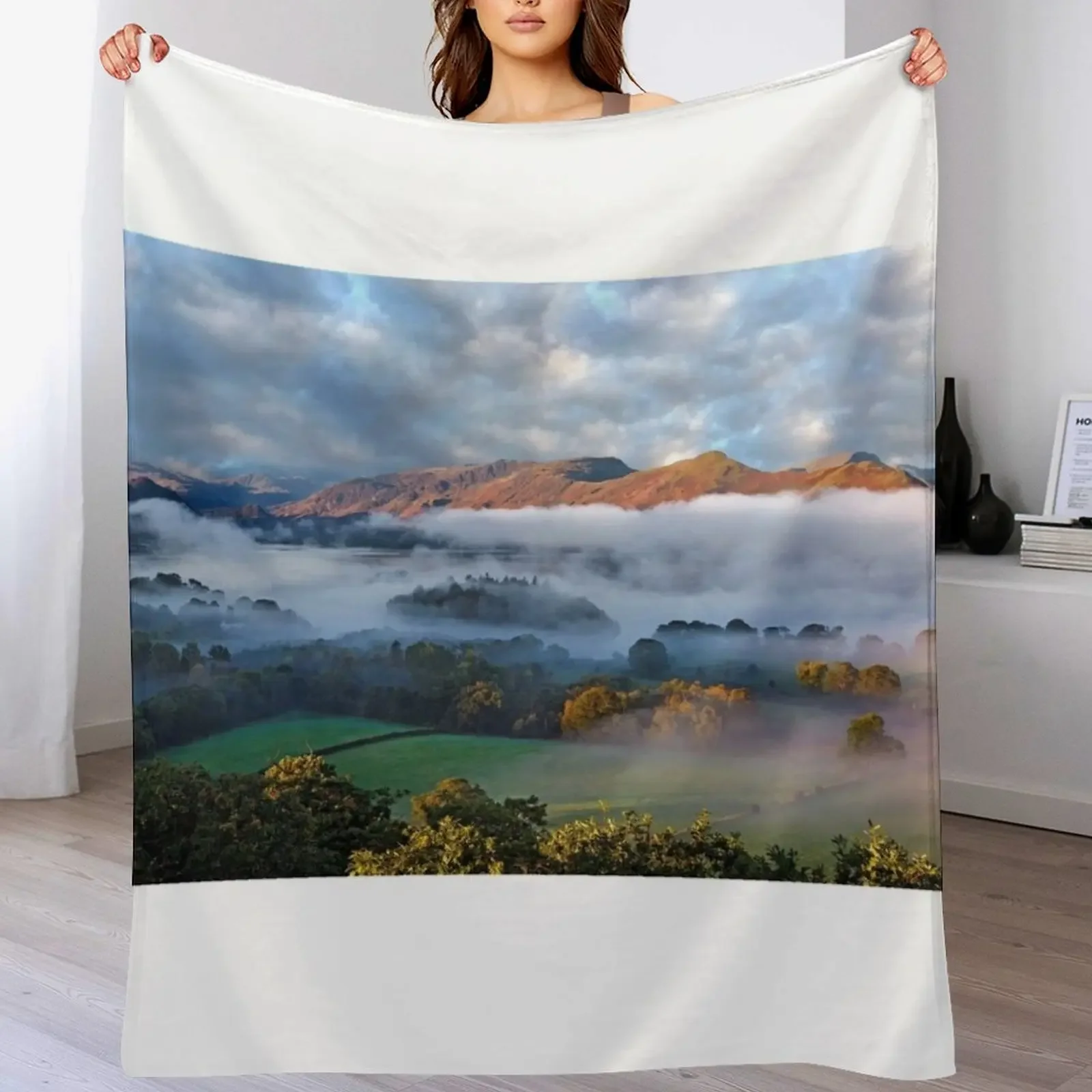 Mists on Derwentwater and Catbells in the English Lake District Throw Blanket Cozy Napping Blanket Gift for Mom Dad
